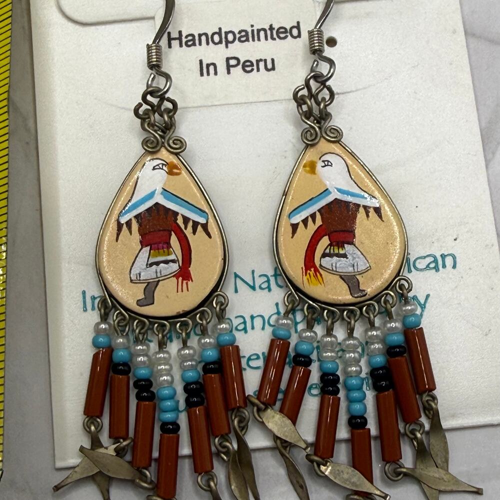 Colors Peru Hand Painted Eagle Dancer Style Beaded Earrings NWT